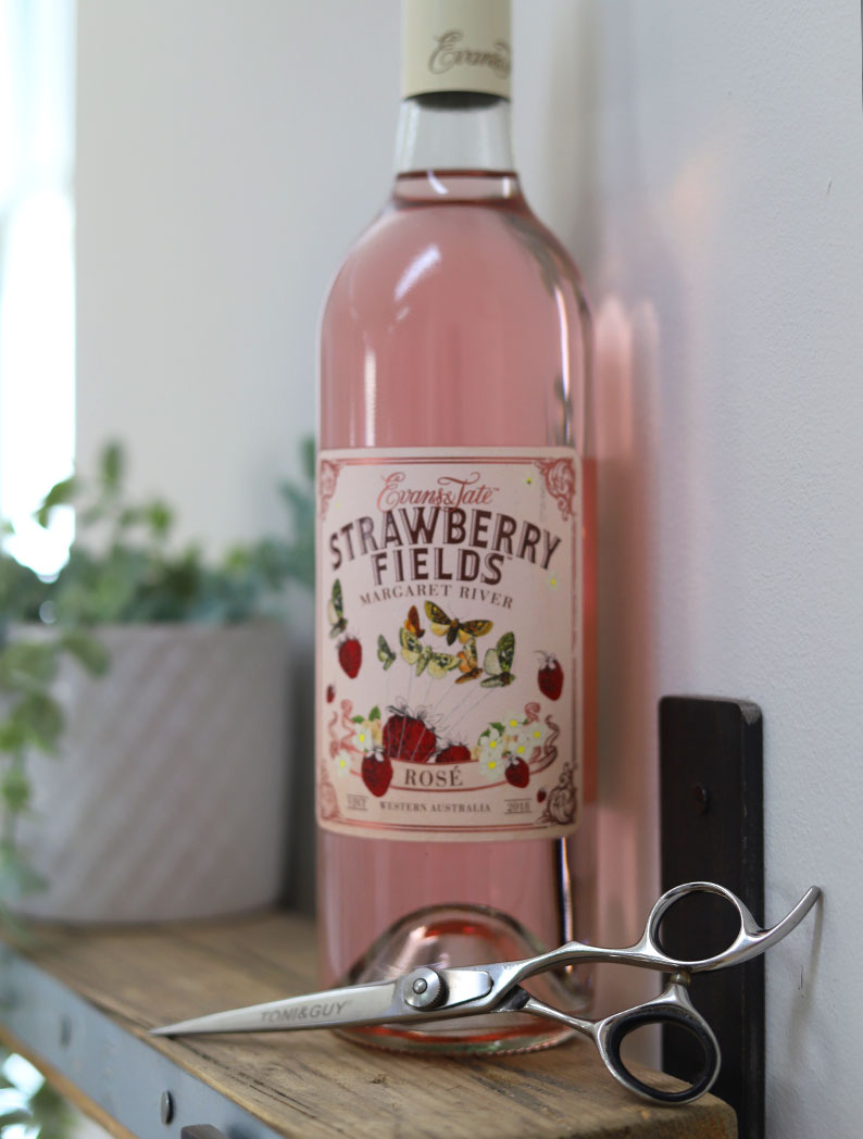 A bottle of Strawberry Fields Rosé wine
